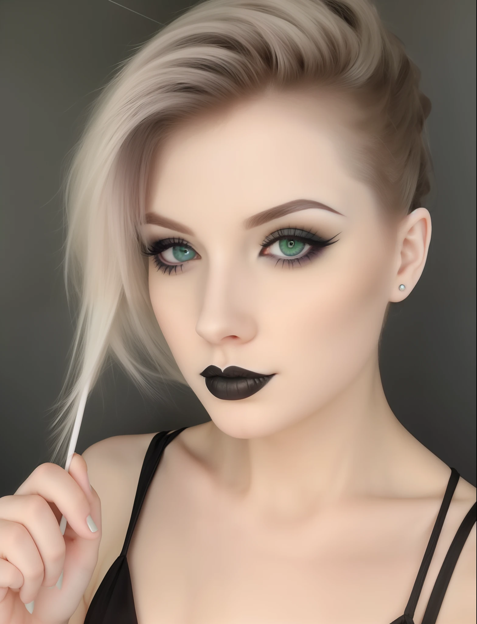 very white pale skin, gothic makeup, black lipstick, green eyes