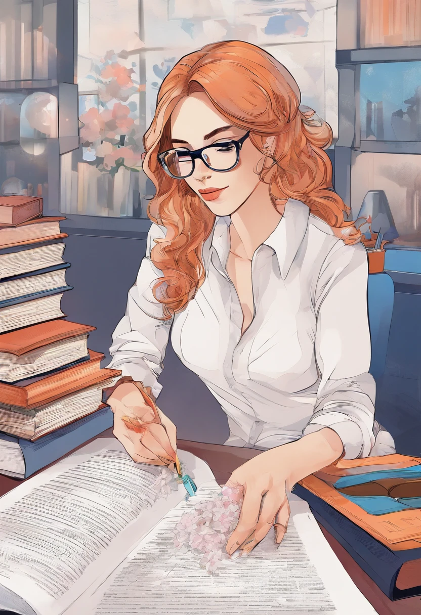 Quality first,masterpiece in detail,Middle-aged woman wearing glasses,sportrait,closeup cleavage,Several cute reading a book,in class room,fresh flowers,Rich in color