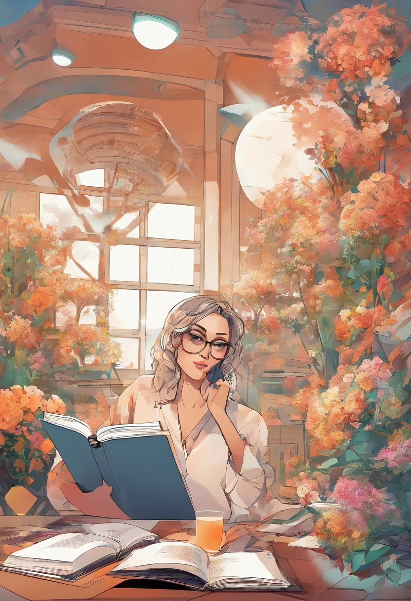Quality first,masterpiece in detail,Middle-aged woman wearing glasses,sportrait,closeup cleavage,Several cute  reading a book,in class room,fresh flowers,Rich in color