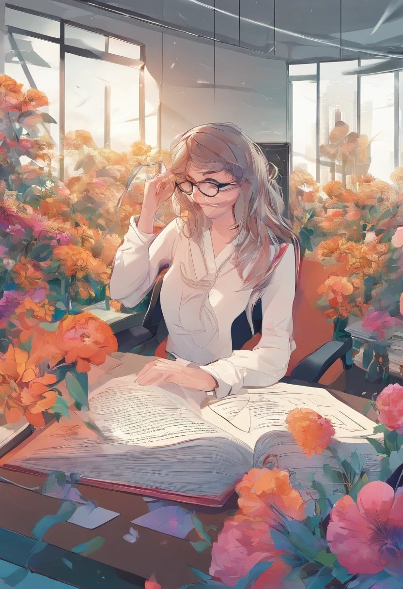 Quality first,masterpiece in detail,Middle-aged woman wearing glasses,sportrait,closeup cleavage,Several cute kids reading a book,in class room,fresh flowers,Rich in color