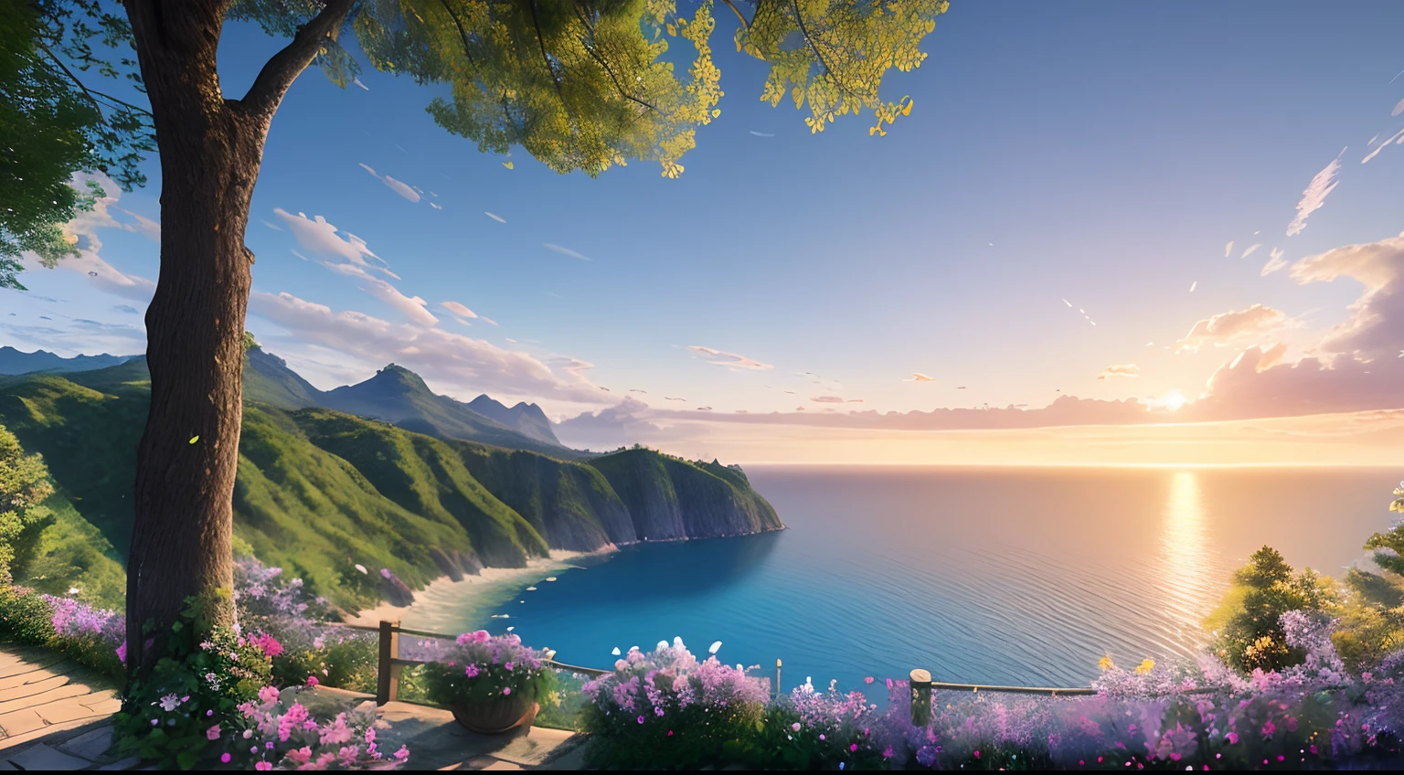 Masterpiece, best quality, (very detailed CG unity 8k wallpaper) (best quality), (best illustration), (best shadows) Nature', blue sea,delicate leaves petals of various colors falling in the air light Tracking, super detailed --v6