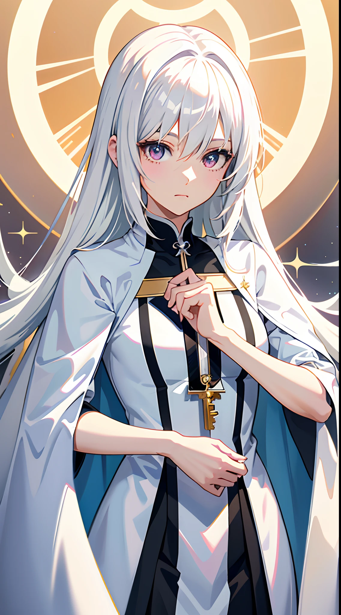 ((long silver hair:1.8)), (shining blue eyes)beautiful, beautiful woman, perfect anatomy, perfect body, perfect breasts, ((nun dress:1.8, choker:1.6)), Cathedral:1.6, sanctuary, captivating gaze, slight smile, realism, masterpiece, rough skin , Super detailed, high detail, high quality, 最high quality, 1080p, 16k　　best quality people，masterpiece，final solution，fluffy，非常にcolorfulな，colorful，saint，long silver hair，