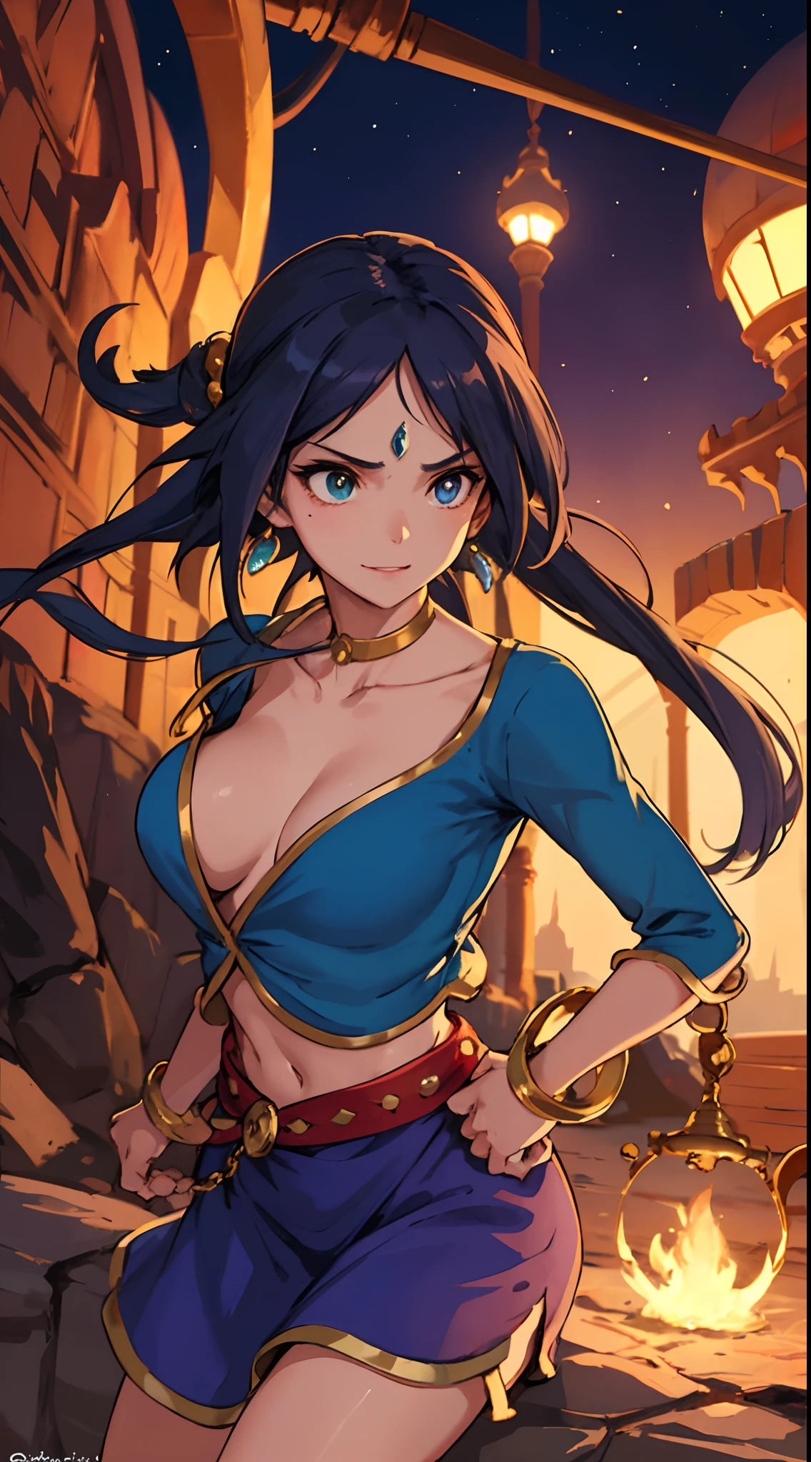 1 girl, upper body, single focus, heroic allure, Aladdin-inspired attire, daring expression, (Agrabah streets: 1.4), (enchanted cave: 1.3), street-smart charm, adventurous aura, [depth of field, ambient lighting, bustling streets foreground, mystical cave background], Agrabah's Aladdin, streetwise adventures, treacherous caves, (flying magic carpet), (genie's lamp: 1.2), intricate details, enhanced lighting.