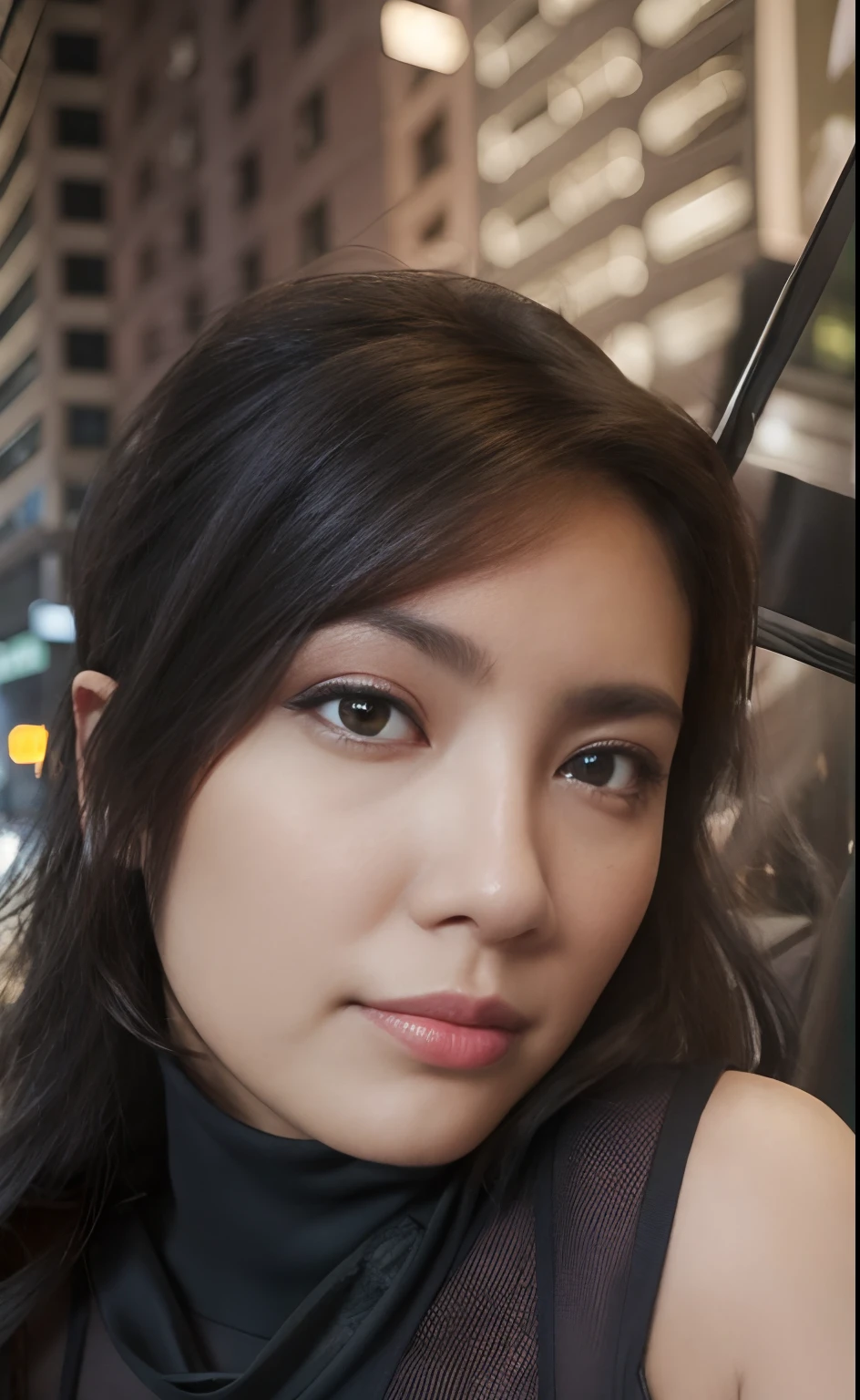 (masterpiece, best quality), beautiful woman, detailed sleeveless turtleneck top, pants, necklace, wavy hair, perfect face, beautiful face, alluring, big gorgeous eyes, open mouth, happy, perfect slim fit body, (outdoor), city streets, new york, bright colors