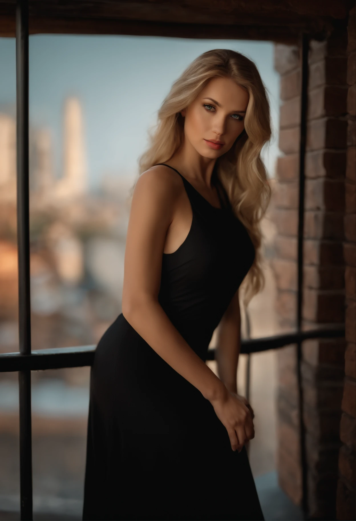 professional, (4k photo:1.1) by (Jeremy Lipking:0.3), (Dittmann Anna:0.3), (Arian Mark:0.3), (Sharp focus:1.3), high detail, wearing (long black dress), beautiful detailed face, hazel eyes, long blonde hair, (attractive young woman:1.3), (seductive:1.1), (blushing:1.1), hourglass body shape, small round breasts, wide hips, in background city