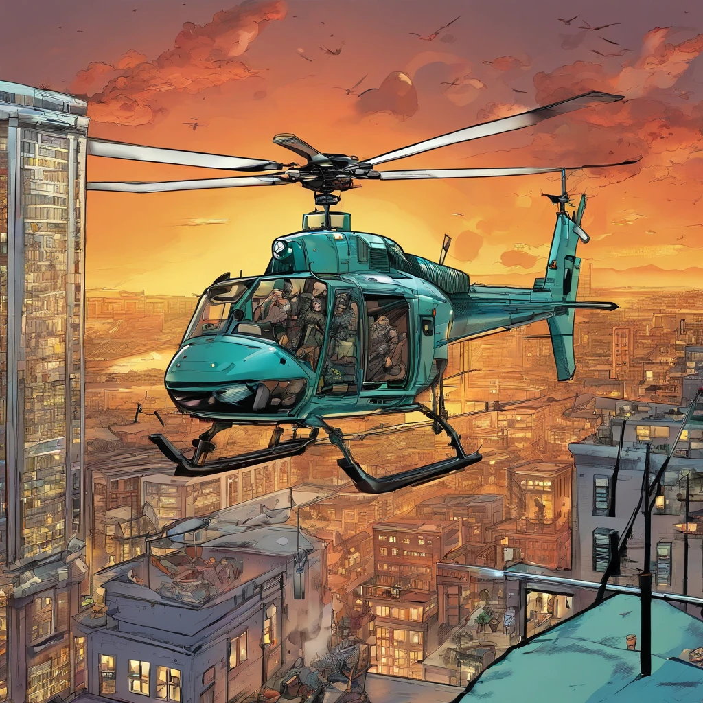 Building,top view, helicopter, machine gun,fire, blast, masterpiece, best quality