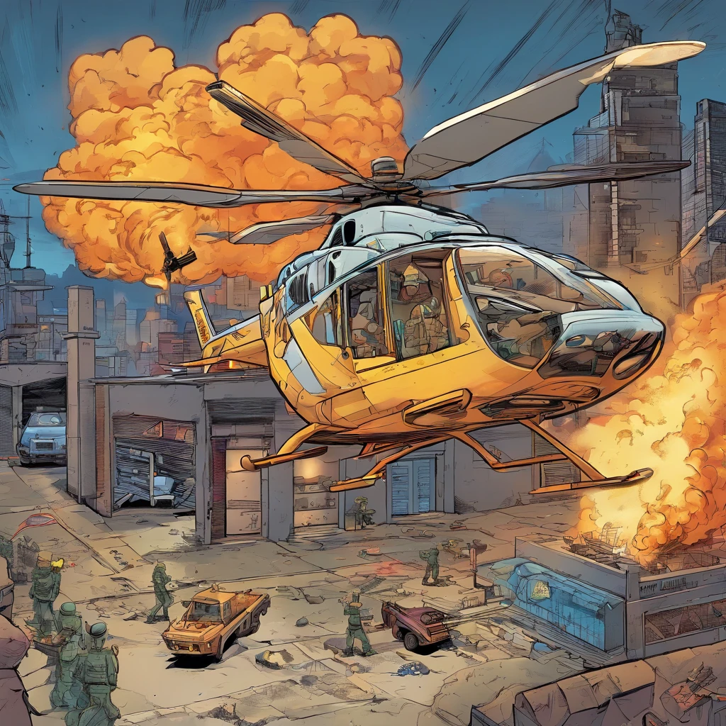 Building,top view, helicopter, machine gun,fire, blast, masterpiece, best quality