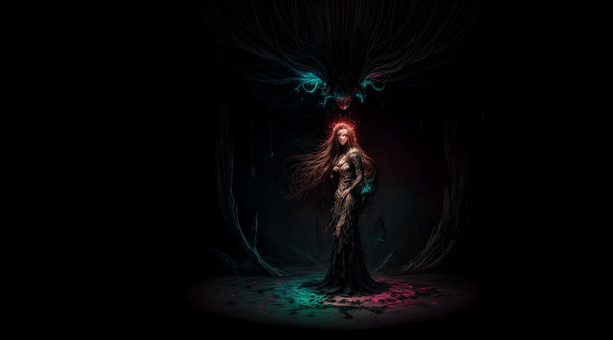 low saturated bright paste pastel coloring illustration, Imagine the background to be in an overall mandala shape a grotesque tableau of discordant chaos, a surreal fusion of jagged lines, blistering colors, and eerie textures. A young woman with bioluminescent long hair and blunt abngs infront of it facing sideways.