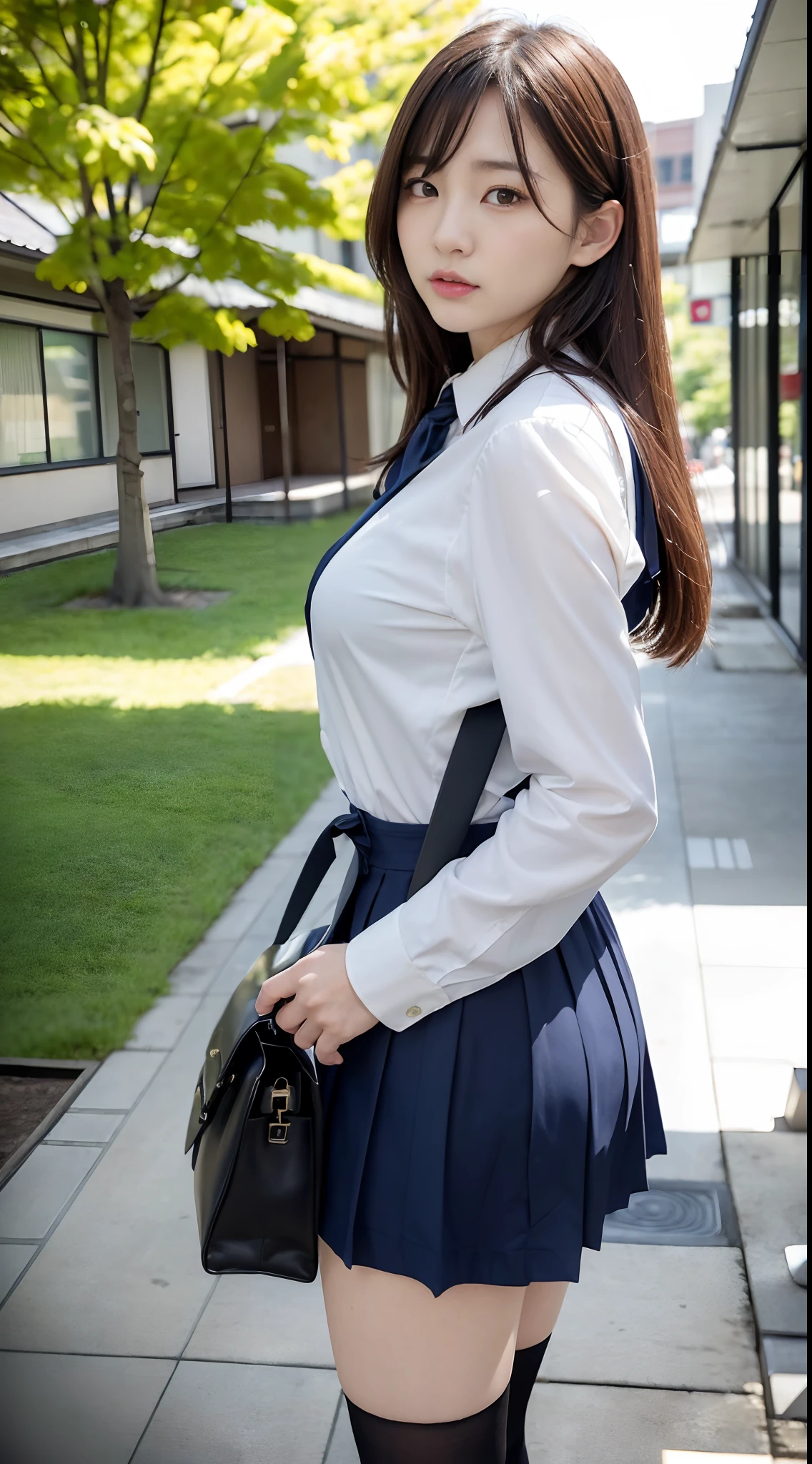 mix4, (16 K, Raw photography, Top image quality, ​masterpiece: 1.45), (realisitic, Photorealsitic: 1.37), one girls, 7．5, etc，cute little, A city scape,, profetional lighting, photon maping, Cityscape with street trees, physically-based renderingt, Gradient dark brown hair,, a handsome, Well-groomed and beautiful eyes、二重まぶた、girl with, (((student clothes、Long sleeve shirt worn by Japan high school girl、Navy blue vest、Ribbon-shaped tie、Dark blue over-the-knee skirt, Navy Blue Beret、Dark blue knee-high socks、Black loafers))), Top Quality Photos, hight resolution, 1080p, (clearface), (Detailed face description), (Detailed hand description), (​masterpiece), (Exquisite CG)、extreme light and shadows、dishevled hair、master work、abundant detail、(Fine facial features)、(top quality photo)、(masuter piece)、(A detailed eye)、Look in front of you、Fine clavicle、((Slender big))、(((Japan schoolgirl wears a long-sleeved shirt)))、((Sexy Idol System))、((Gingko tree))、(Shooting from random perspectives)、(((Anyway cute)))、耳Nipple Ring、A big smile、Drawing the whole body from the knees、Do not draw nasolabial folds、(((Shoulder bags used by Japan schoolgirls)))、(Big breasts that hang down big:1.2)、Big buttocks with tension、Two arms and two legs、(((from the front side:1.0)))、bare hand、
