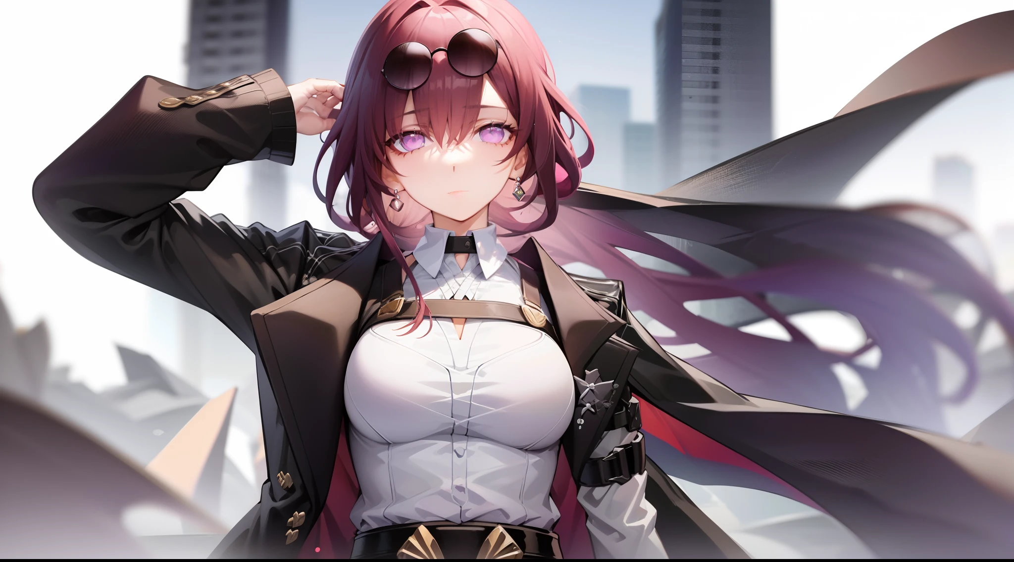 1girl, official, purple eyes, (empty eyes:1.2), eyewear on head, black jacket, jacket on shoulders, shirt, shorts, pantyhose, boots