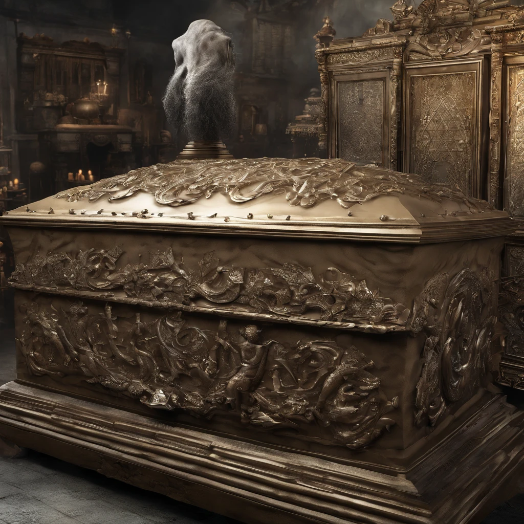 A coffin，Synthesized from bronze and crystal，Mystery，Deep underground，Secure preservation，4K，Fascinating secrets，Enigmatic Atmosphere，Spooky breath，（No one 1.6）