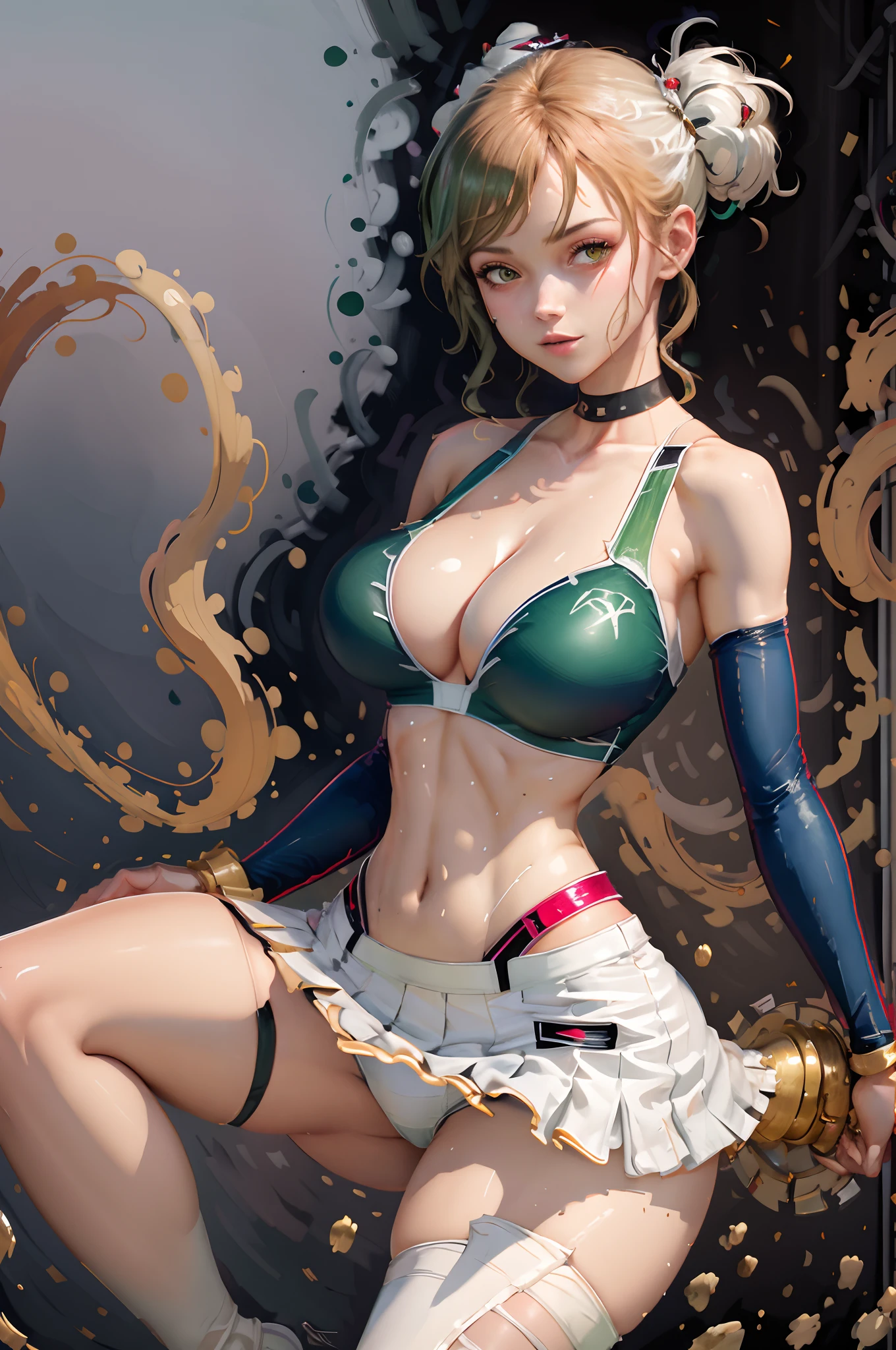 masterpiece, top-quality, realisitic, a picture, White shorts、photorealisim, ultra-detailliert, Beautiful camel toe、Leather miniskirt、White panty、Beautiful navel、Beautiful arms、poneyTail、a choker、highleg bikini、Spider-Man Pose Crouch、Open legs,The costume is divided into upper and lower、A sexy、Green Stock、perfect bodies, A detailed eye, beautiful a girl, (Gwen Stacy), spiderwoman, spider costume, pose for photo