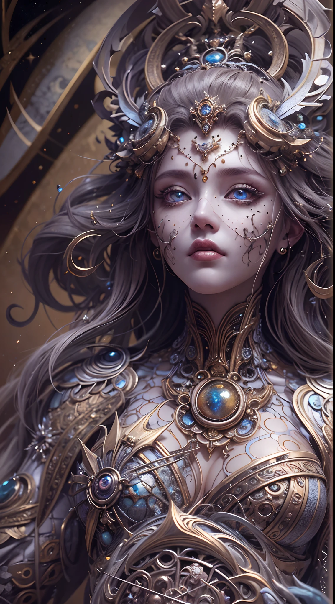 (best qualtiy,ultra - detailed,Most Best Illustration,Best shadow,tmasterpiece,A high resolution,professionalartwork,famousartwork),Detailed eyes,beautidful eyes,closeup cleavage,sci-fy,colored sclera,Robot eyes,face markings,Tattooed with,(fractalized,Fractal eyes),largeeyes,Wide eyes,(Eye focus),sface focus,Cosmic eyes,Space eyes,Close-up of metal sculpture of a woman with a moon in her hair,goddes。extremly high detail,3 d goddess portrait,Extremely detailed footage of the goddess,a stunning portrait of a goddess,Side image of the goddess,portrait of a beautiful goddess,Full body close-up portrait of the goddess,hecate goddess,portrait of a norse moon goddess,goddess of space and time
