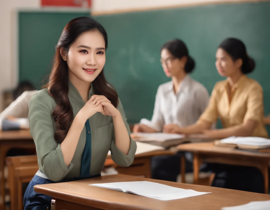 happ English class，Vietnamese female teacher，Side image，Panorama Figures，extreme hight detail，realisticlying