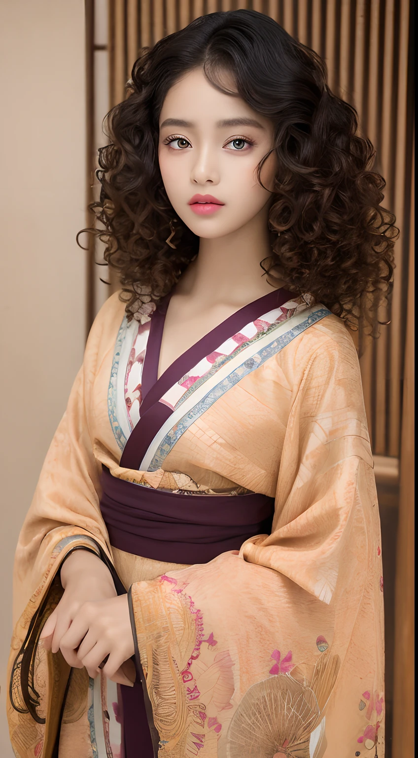 one African teen model , hair model, Unique curly hair details, kimono fashion, Near future , double eyelid, plump lips, professional makeup