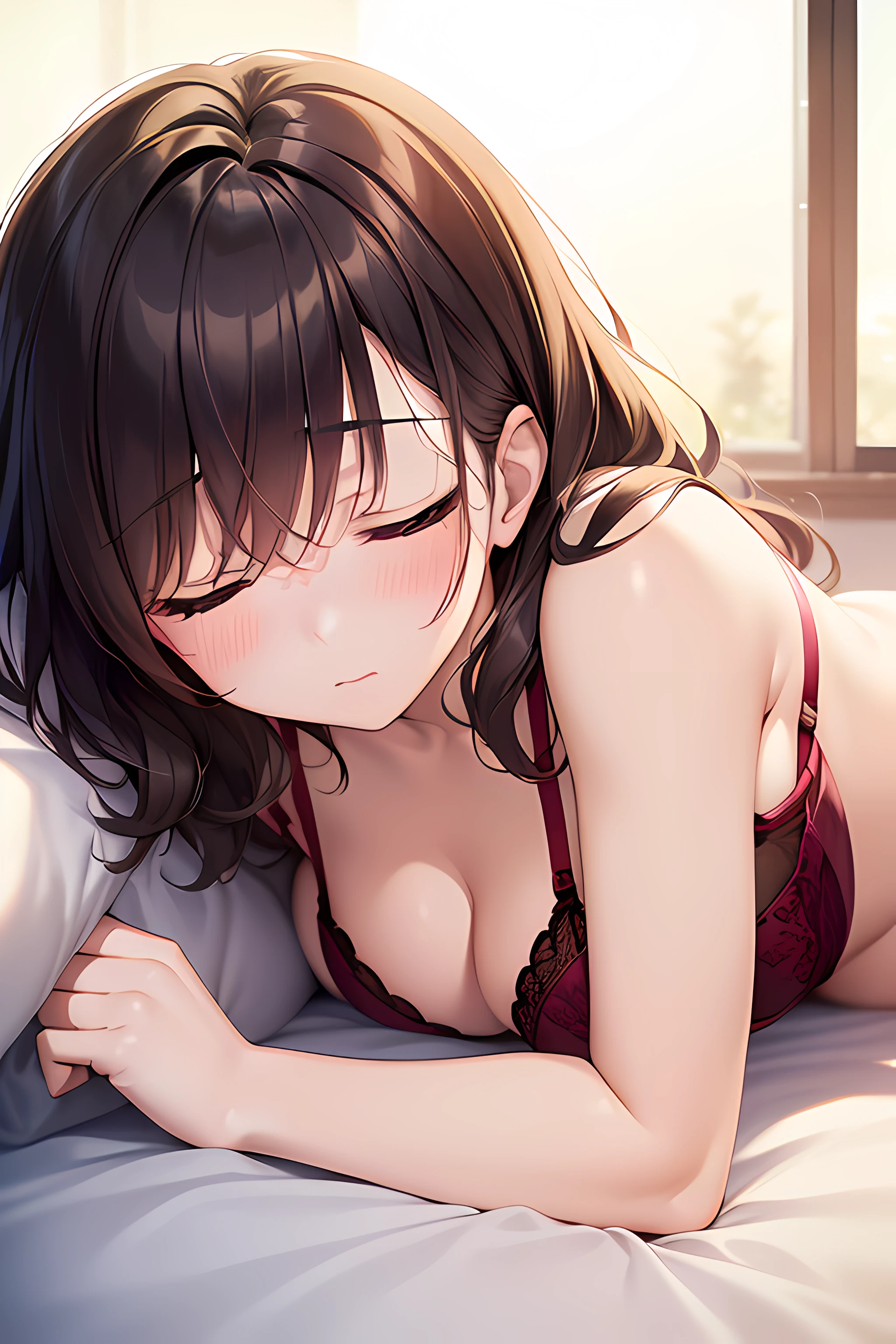 ((nsfw:1.4, masterpiece, best quality, highres, UHD, perfect pixel, depth of field, 4k, RTX, HDR))), 1girl, single, solo, girlfriend, beautiful anime girl, beautiful artstyle, anime character, ((long hair, bangs, dark brown hair, curly hair)), ((beautiful eyelashes)), ((detailed face, blushing:1.2)), ((smooth texture:0.75, realistic texture:0.5, anime CG style)), ((medium breasts, cleavage)), indoor, bedroom, dynamic angle, busty, perfect body, armpit, ((fall asleep on the bed, supine, sleepy, closed eyes, laying on bed, sleeping pose, side sleeping)), ((full body, POV, cute, sighing expression)), ((maroon bra color, maroon lingerie)), (natural light, light reflection, morning scene)
