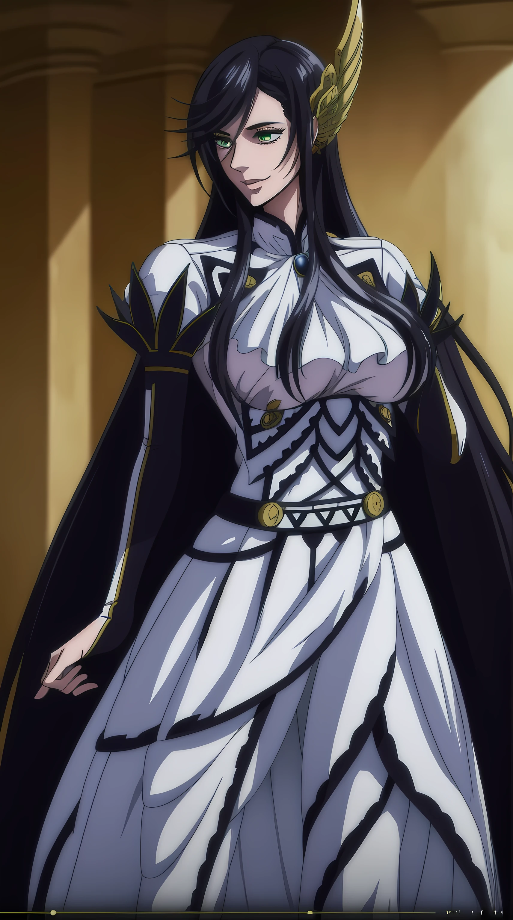 brunhilde from the anime record of ragnarok, long hair, black hair, green eyes, beautiful woman, very beautiful, perfect body, perfect breasts, tall body, standing, looking at the audience, smiling slightly wearing white clothes, masterpiece, textured leather, super detailed, high detail, high quality, best quality, 1080p, 16k