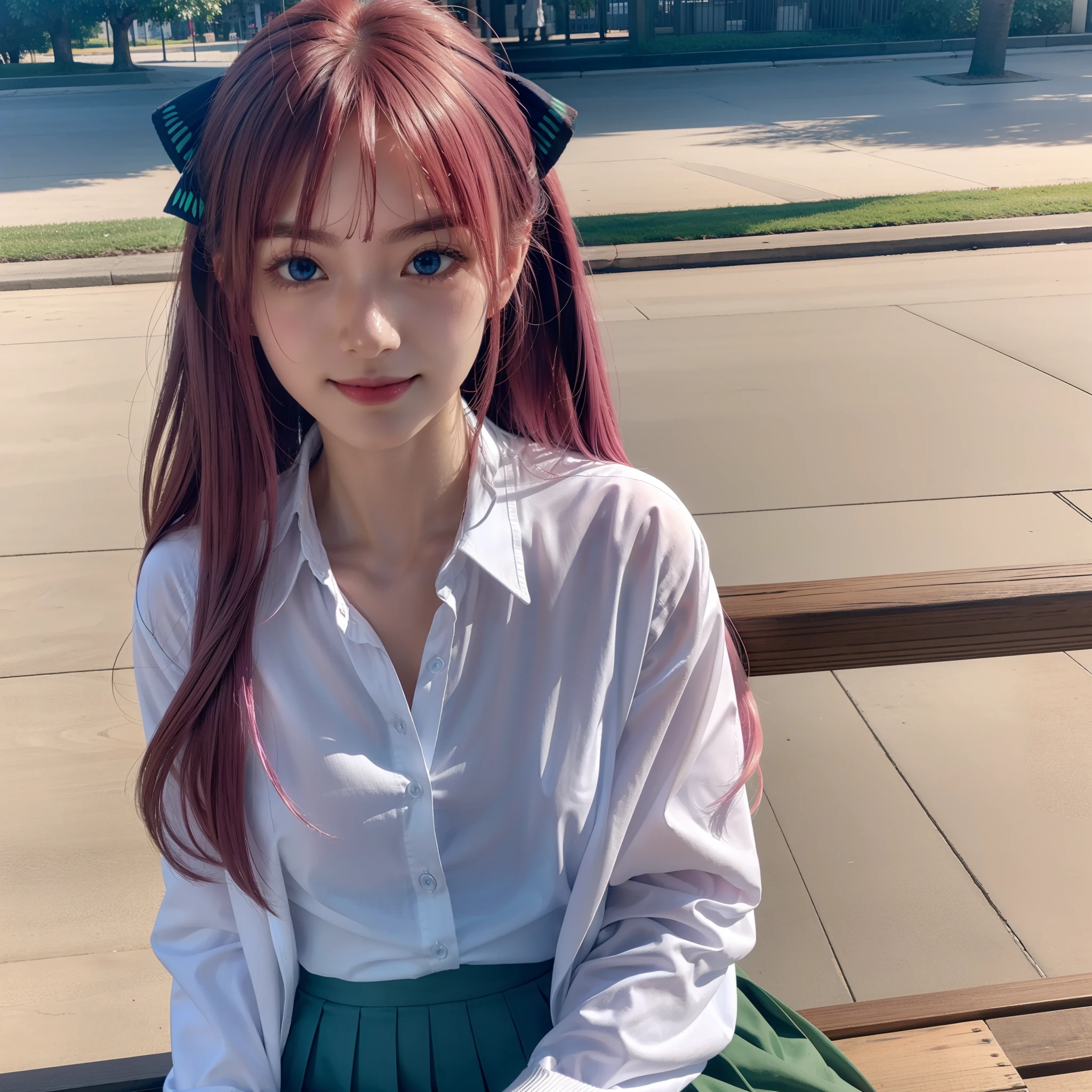 1girl,ninonakano, nino nakano, long hair, bangs, blue eyes, hair ornament, hair ribbon, pink hair, blunt bangs, double sided, butterfly hair ornament, BREAK skirt, shirt, long sleeve, white shirt, pleated skirt, open shirt, collared shirt, sleeves past the wrist, shirt, cardigan, green skirt, open cardigan, black cardigan, beach, BREAK looks at the viewer, BREAK (masterpiece:1.2), best quality, high resolution, unity 8k wallpaper, (illustration:0.8), (beautiful detailed eyes:1.6), very detailed face, perfect lighting, very detailed CG, ( perfect hands, perfect anatomy), sitting on a park bench, smiling