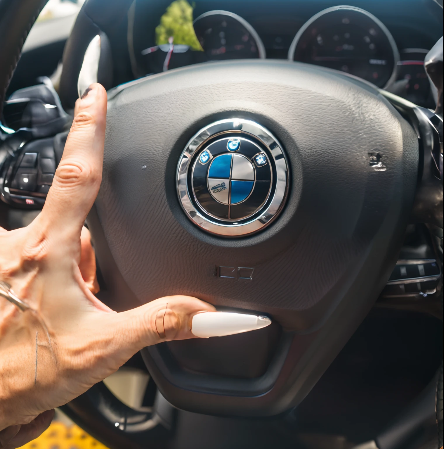 someone is holding a steering wheel with a bmw logo on it, whip in hand, point finger with ring on it, paws on steering wheel, 2 0 % pearlescent detailing, micro detailing, middle finger, left - hand drive, unclipped fingernails, real hands, pointing, bump in form of hand, giving the middle finger, spear in hand