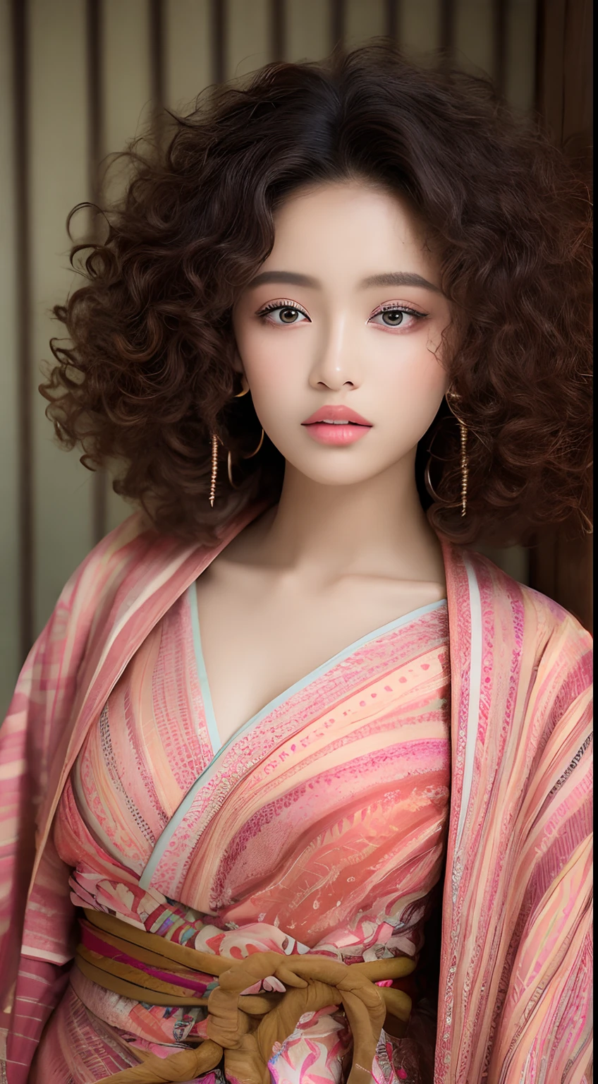 one African model , hair model, Unique curly hair details, kimono fashion, Near future , double eyelid, plump lips, professional makeup