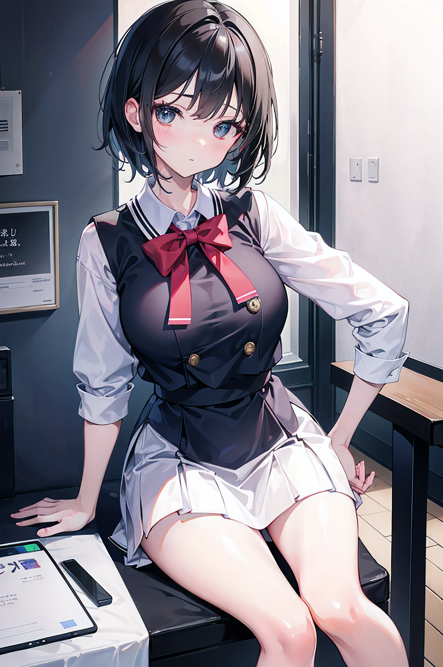 one-girl,sportrait,Classroom,cleavage,校服,black-skinned,Bust photo,looks into camera,sit on chair,Side Body