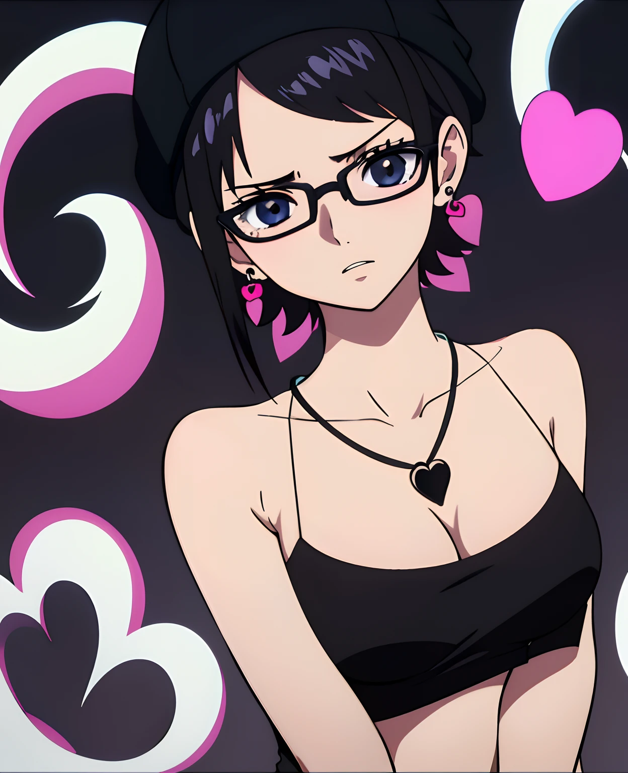 age, anime girl, glasses, black hair,bangs, underwears, short hair, skull earrings, black skull beanie, open clothes, ponytail, medium layer hair, large breasts, high quality, armpits, looking at viewer, black background, heart necklace, medium shot