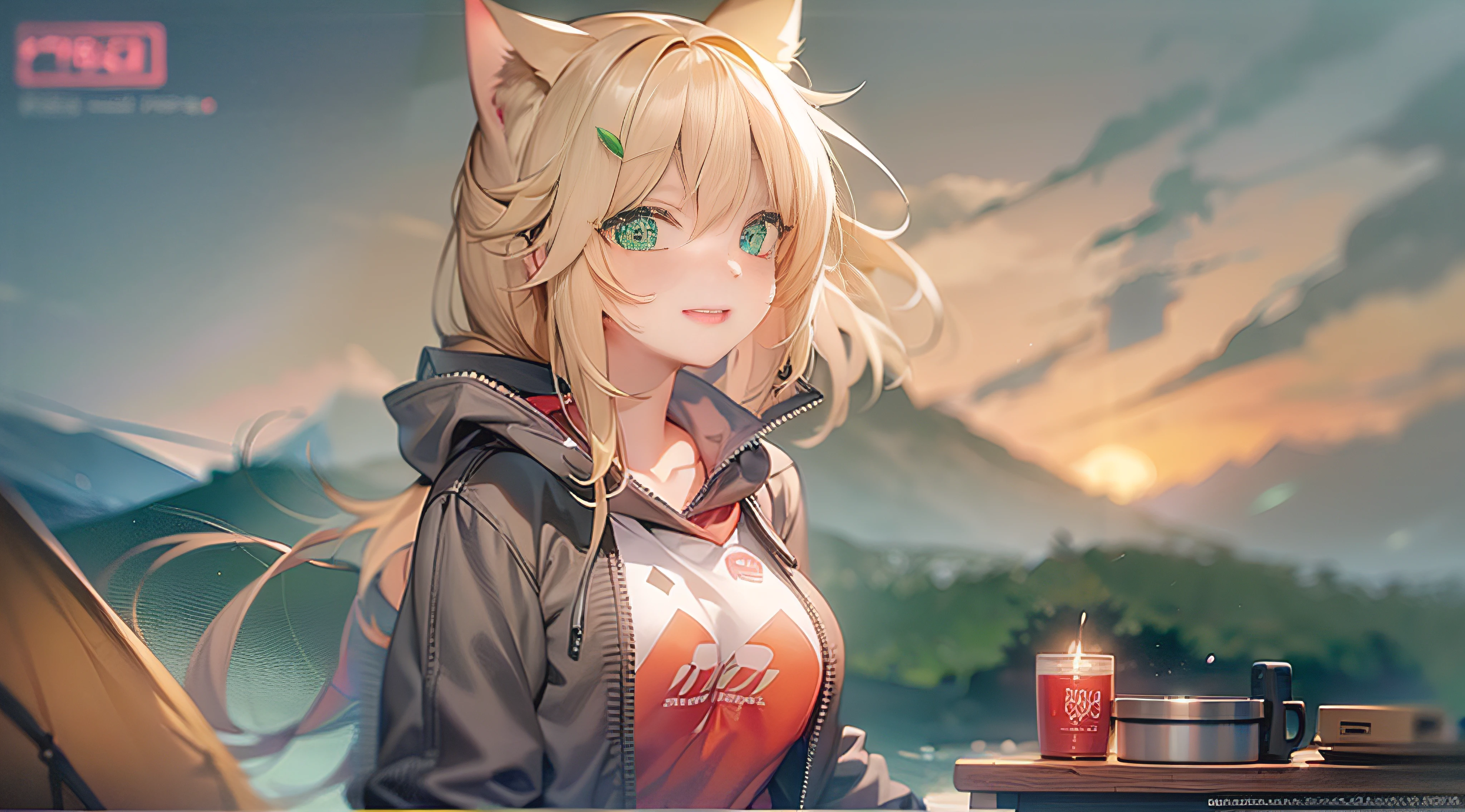 a girl., Green-eyed blonde, long-haired, cat ears girl, Dawn Hair, Cute Smiling Girl, Age 20, Wear casual clothing. , Perfect size of the breasts, red cheeks, Camping, On the mountain, dawn, Sunrise