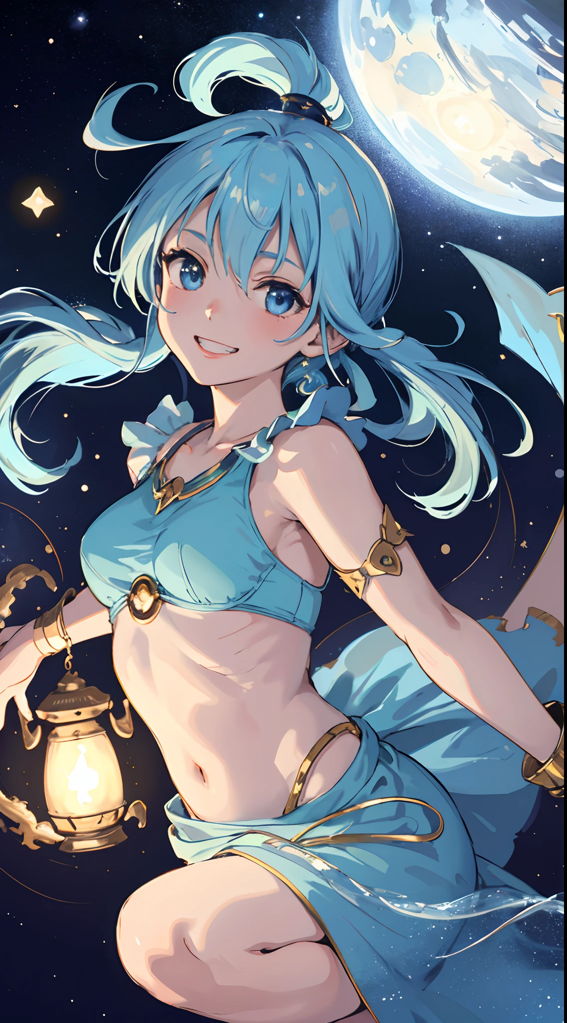 1 girl, upper body, single focus, whimsical charm, Genie-inspired appearance, magical grin, (magical lamp: 1.4), (cosmic whimsy: 1.3), azure features, fantastical aura, [depth of field, ambient lighting, swirling cosmos foreground, magical lamp background], Agrabah's Genie, cosmic wishes, swirling magic, (suspended in midair), (celestial stars: 1.2), intricate details, enhanced lighting.