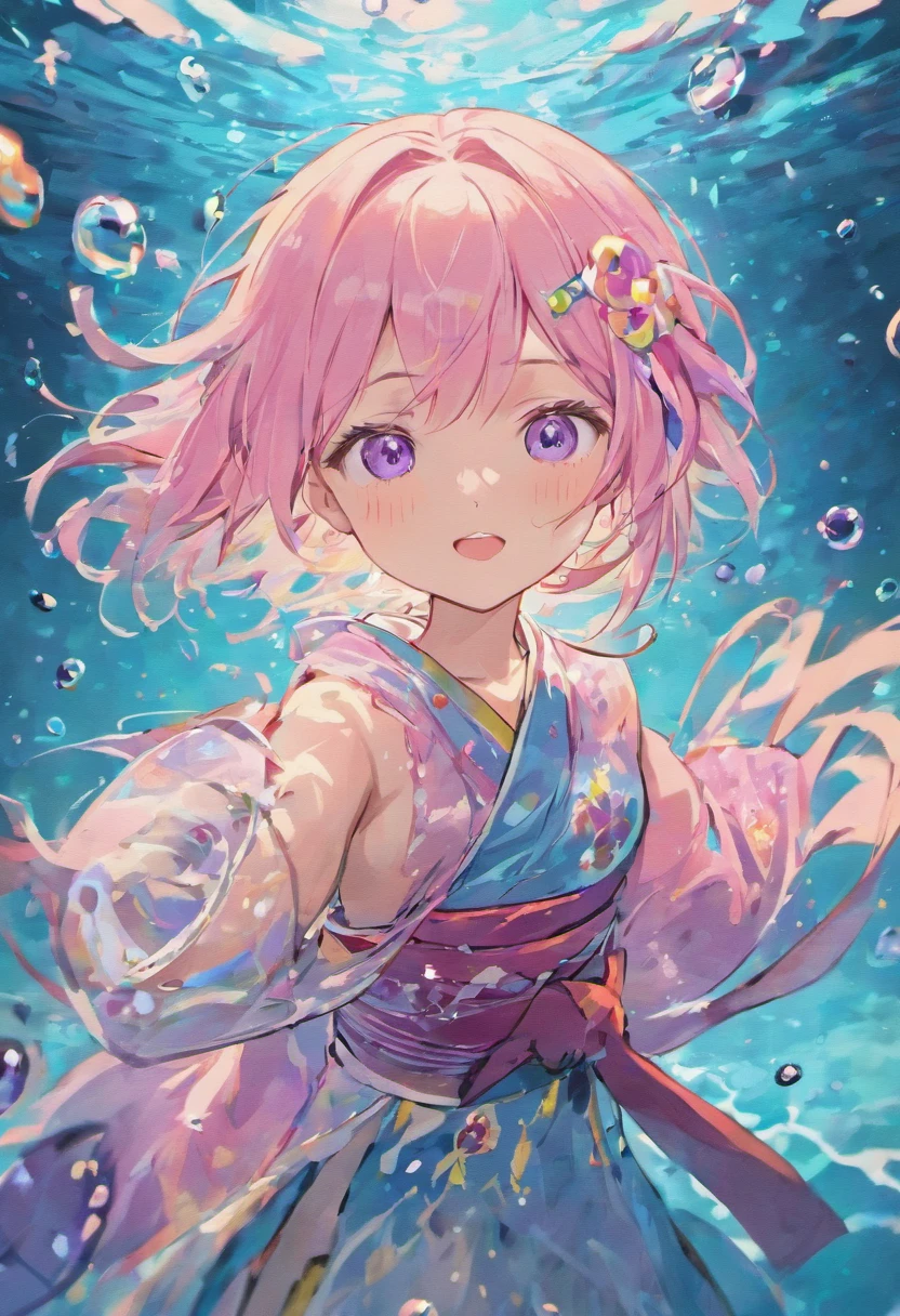 "A cute girl, purple-blue eyes, light pink hair tied up, happy smiling face, blue kimono, underwater environment, schools of fish swimming around, air bubbles, light, masterpiece, high quality images, (full HD 4K+ wallpapers)."