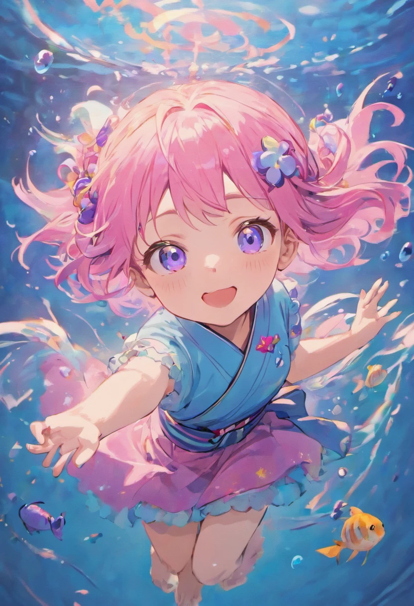 "A cute girl, purple-blue eyes, light pink hair tied up, happy smiling face, blue kimono, underwater environment, schools of fish swimming around, air bubbles, light, masterpiece, high quality images, (full HD 4K+ wallpapers)."