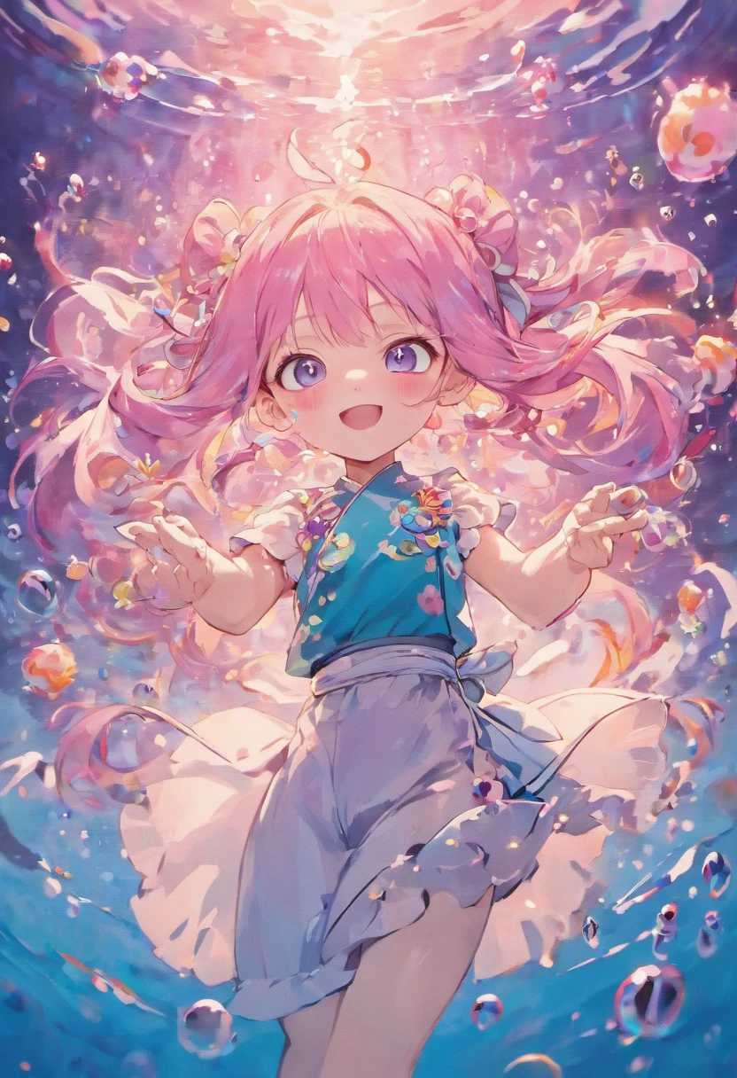 "A cute girl, purple-blue eyes, light pink hair tied up, happy smiling face, blue kimono, underwater environment, schools of fish swimming around, air bubbles, light, masterpiece, high quality images, (full HD 4K+ wallpapers)."