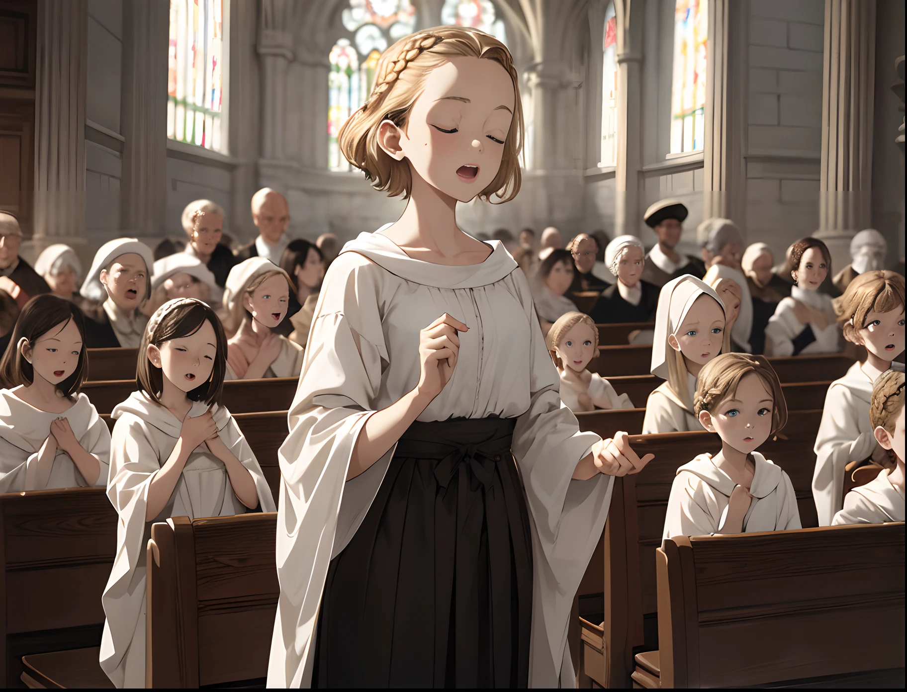 perfect anatomy,super detailed skin,highdetail,best quality,masterpiece,8k,(in 15th century),multipl young girls,10yo,short stature,(french braid),pale blonde short hair,wavy hair,(forehead),gospel gown,long_skirt,(close eyes and sing a song),hymn to the fallen,standing,Choir,in church,Cathedral,wide_viewer