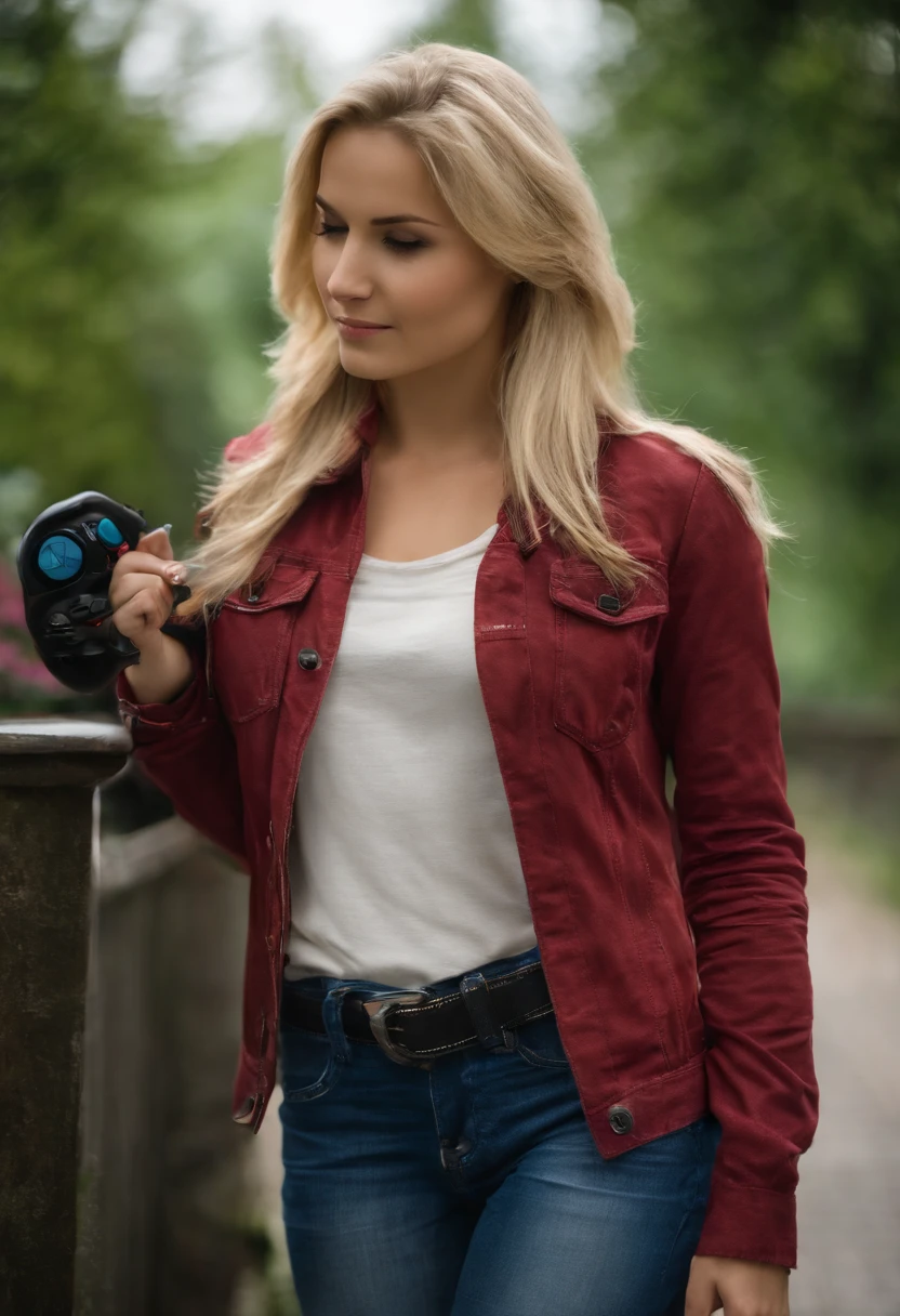 Une jeune femme de 25 ans, passionate about video games, avec une silhouette pulpeuse. Elle a des cheveux blonds polaires mi-longs, porte une casquette et un casque de gaming assortis. She is dressed in jeans and wears a casual blouse. Elle est debout, Casual, en train de profiter de son temps de jeu.