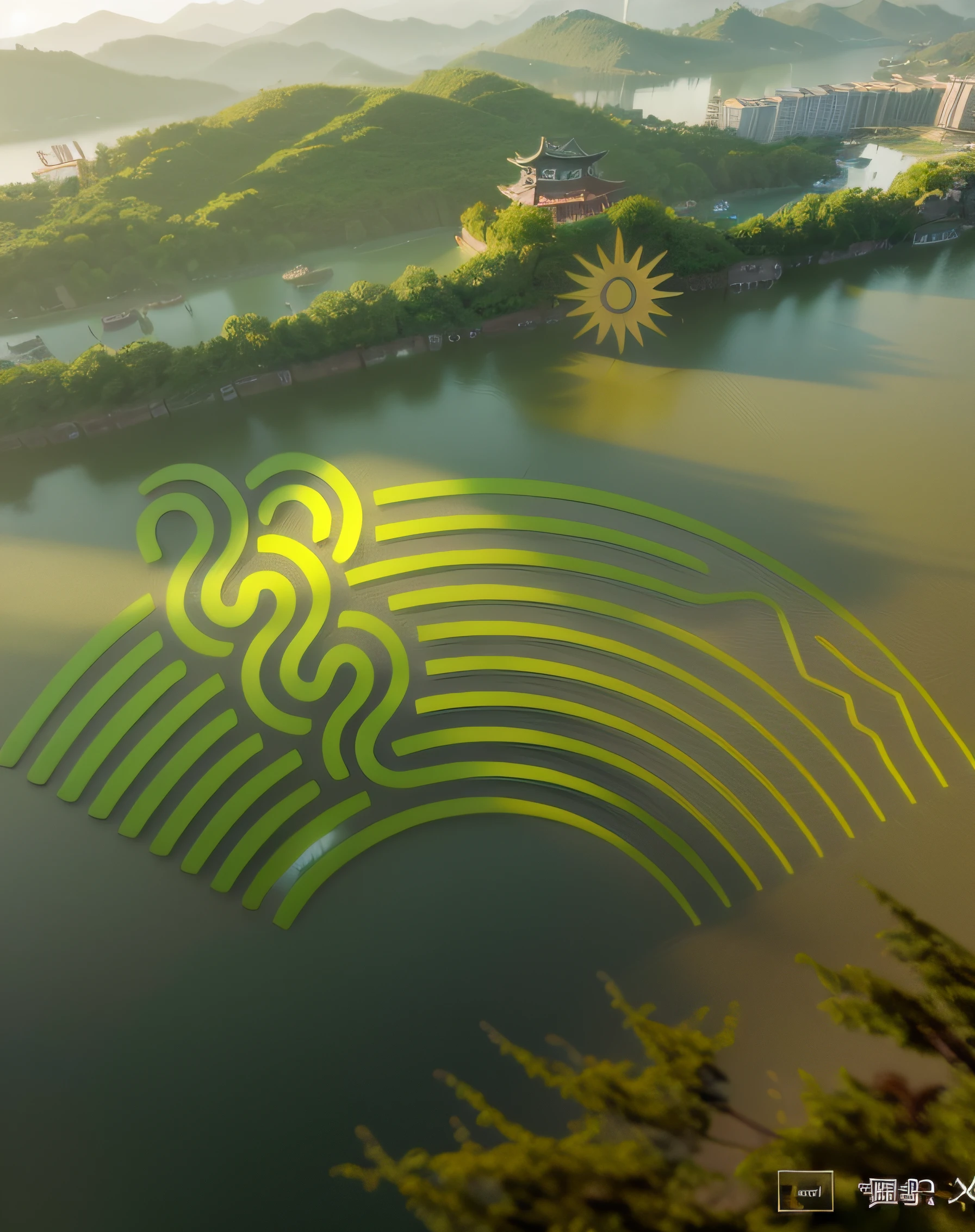 Masterpiece,Best quality,(in Hangzhou West Lake:1.5),(green color)Authentic photography style,.(Ultra detailed,Aesthetic, 美丽的构图,, volumetric soft light),4K,（aerial shot），a 3D render,AdobePhotoshop