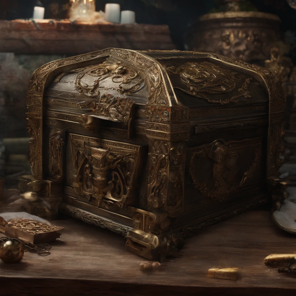 A coffin，Synthesized from bronze and crystal，Mystery，Deep underground，Secure storage，4K，Enchanting secrets，Enigmatic Atmosphere，Spooky breath，（Nobody 1.6），plethora of colors，high saturated，4K