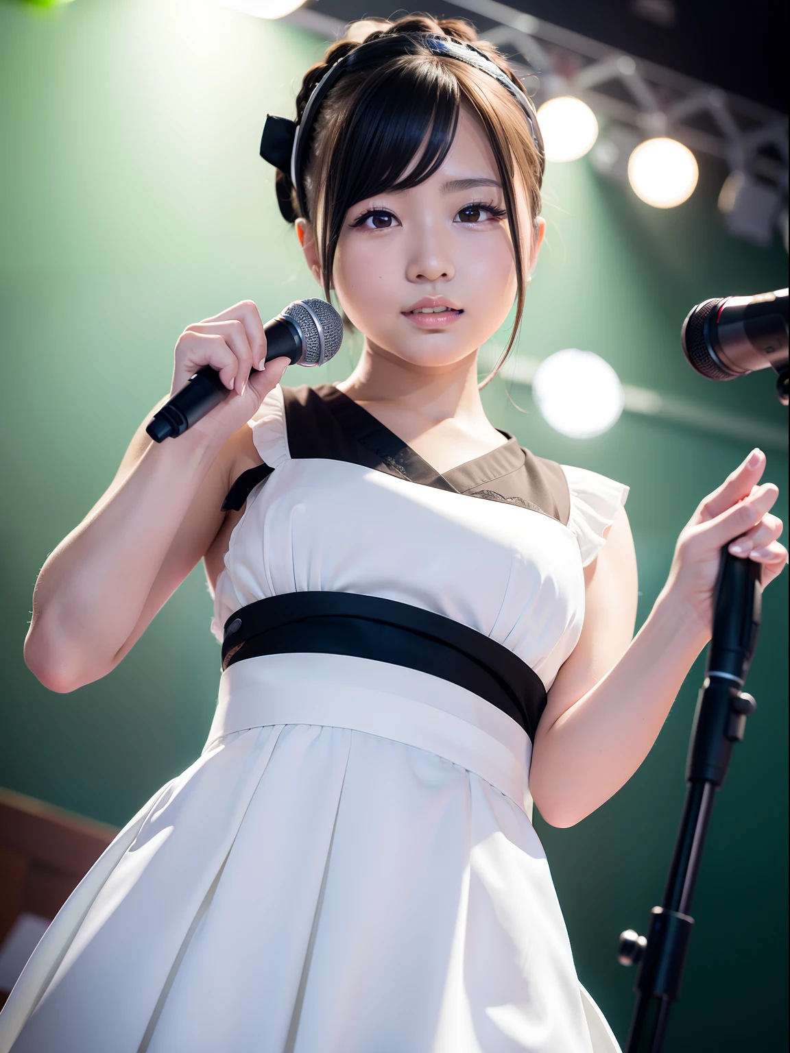 (masterpiece,best quality:1.4) bob hair with one girl babyface maid and Japan idol singing photorealistically on Japan fantastic realistic stage