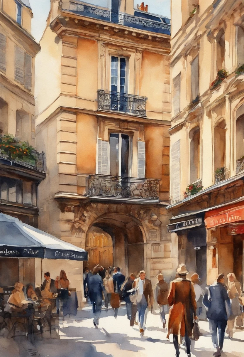 People walking in Paris, photographic intricate details on the buildings, beautiful sunny day, watercolor