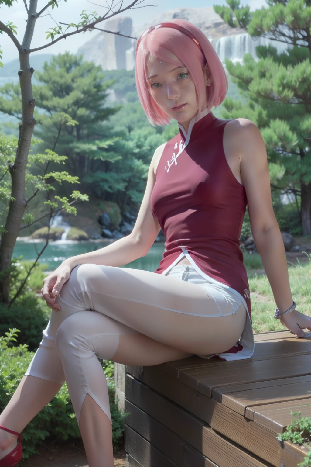 Sakura Uchiha. a woman was sitting on the edge of the lake. in the forest. he is seen wearing a red ceongsam with white stripes. combined with white levis. she has pink hair. the short one. straight. expand. untied, not tied. she also has skin as white as snow. and flushed red cheeks. and tiny red lips. he appears to be looking at the camera. so beautiful and realistic