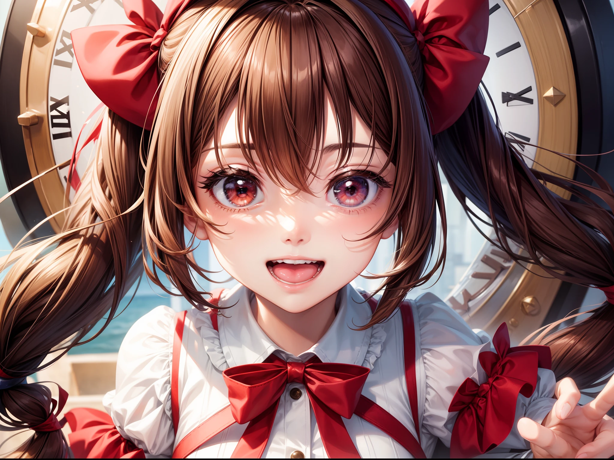 1girl, solo, ribbon, hat, smile, close-up, looking_at_viewer, brown_hair, face, hair_between_eyes, red_ribbon, twintails, clock_eyes, open_mouth