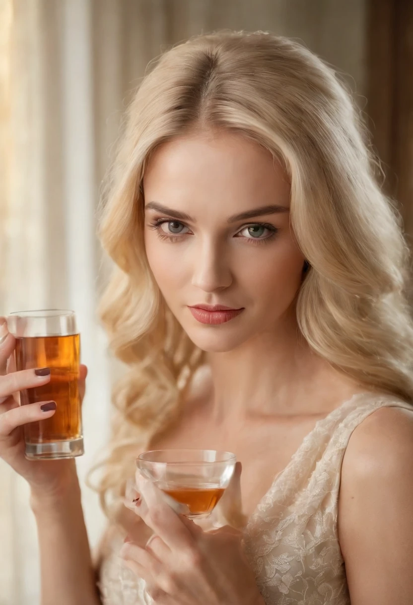 Blonde woman with a glass with poison in her hands posing for a photo, beleza de cair o queixo, beleza de cair o queixo, rosto e corpo atraentes, mulher atraente, uma loira linda, menina loira bonita, lovely woman, mulher linda, linda mulher bonita, mulher loira bonita