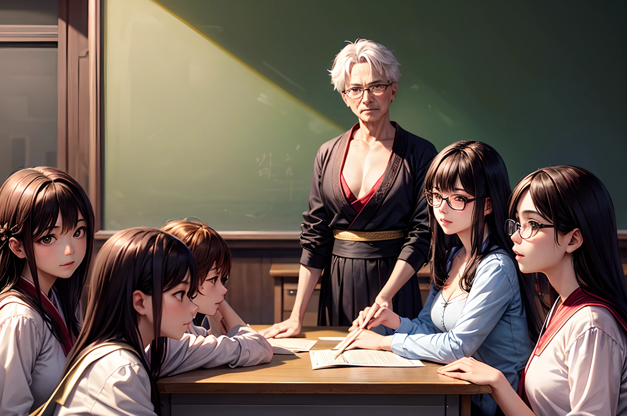China-style,Hanfu,Old Master,Ancient Private School,In the classroom,A group of students gathered around the teacher to ask questions,Gray-haired old teacher,Asian people,wears glasses,closeup cleavage,sharp focus on eyes,8K,super-fine,oil painted,Hyper-realistic,best qualtiy