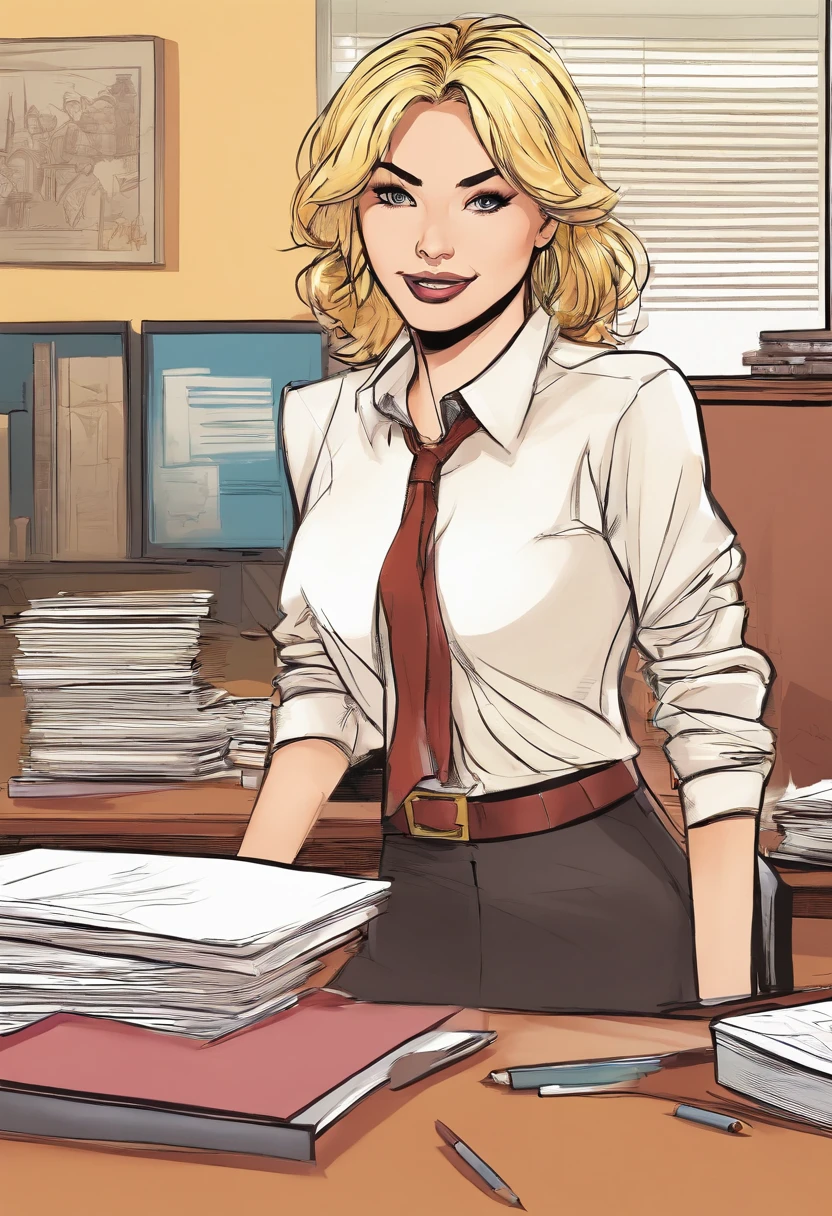 1girl, coming for interview in office, white shirt, skirt, blonde hair,with files,