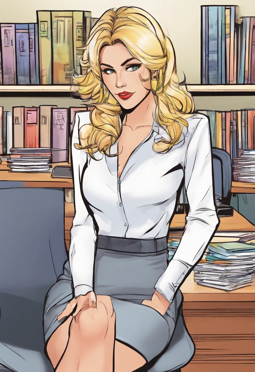 1girl, coming for interview in office, white shirt, skirt, blonde hair,with files,