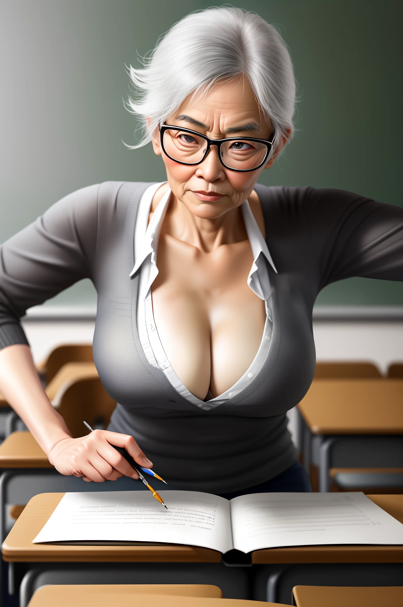In the classroom,The teacher is lecturing the students,Gray-haired old teacher,Asian people,wears glasses,closeup cleavage,sharp focus on eyes,8K,super-fine,oil painted,Hyper-realistic,best qualtiy