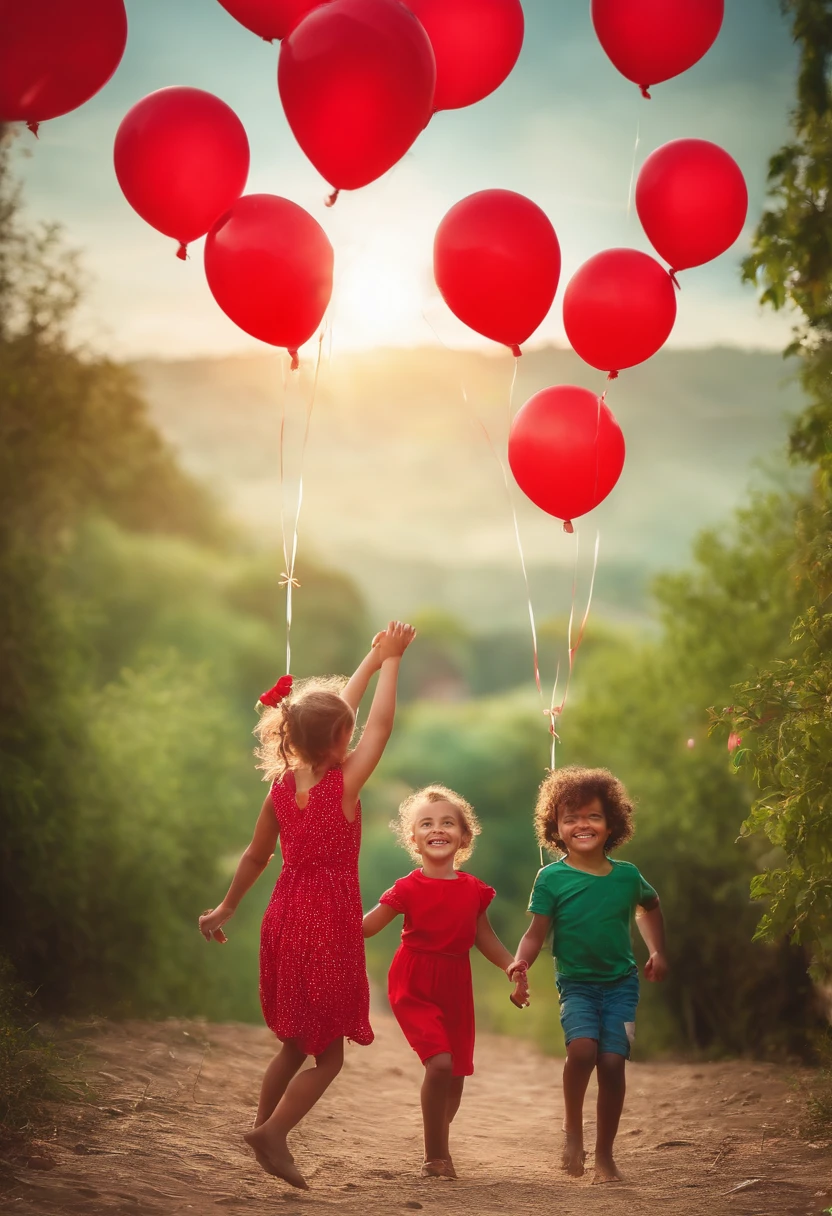 Por favor, Create images of children jumping for joy with red balloons, blacks and greens in the hands. O fundo deve ser uma paisagem ensolarada e desfocada.