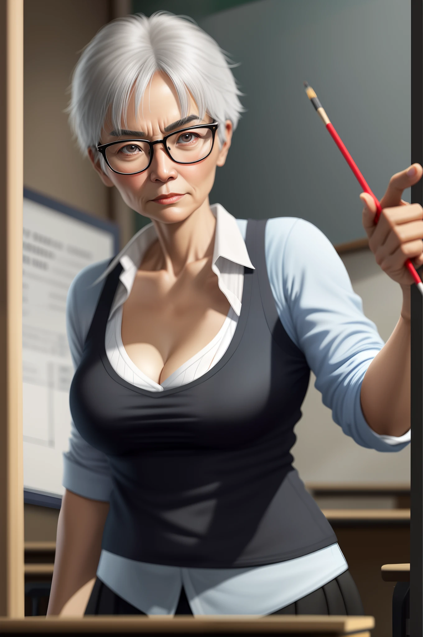 In the classroom，The teacher is lecturing the students，Gray-haired old teacher，Asian people，wears glasses，closeup cleavage，sharp focus on eyes，8K，super-fine，oil painted，Hyper-realistic，best qualtiy