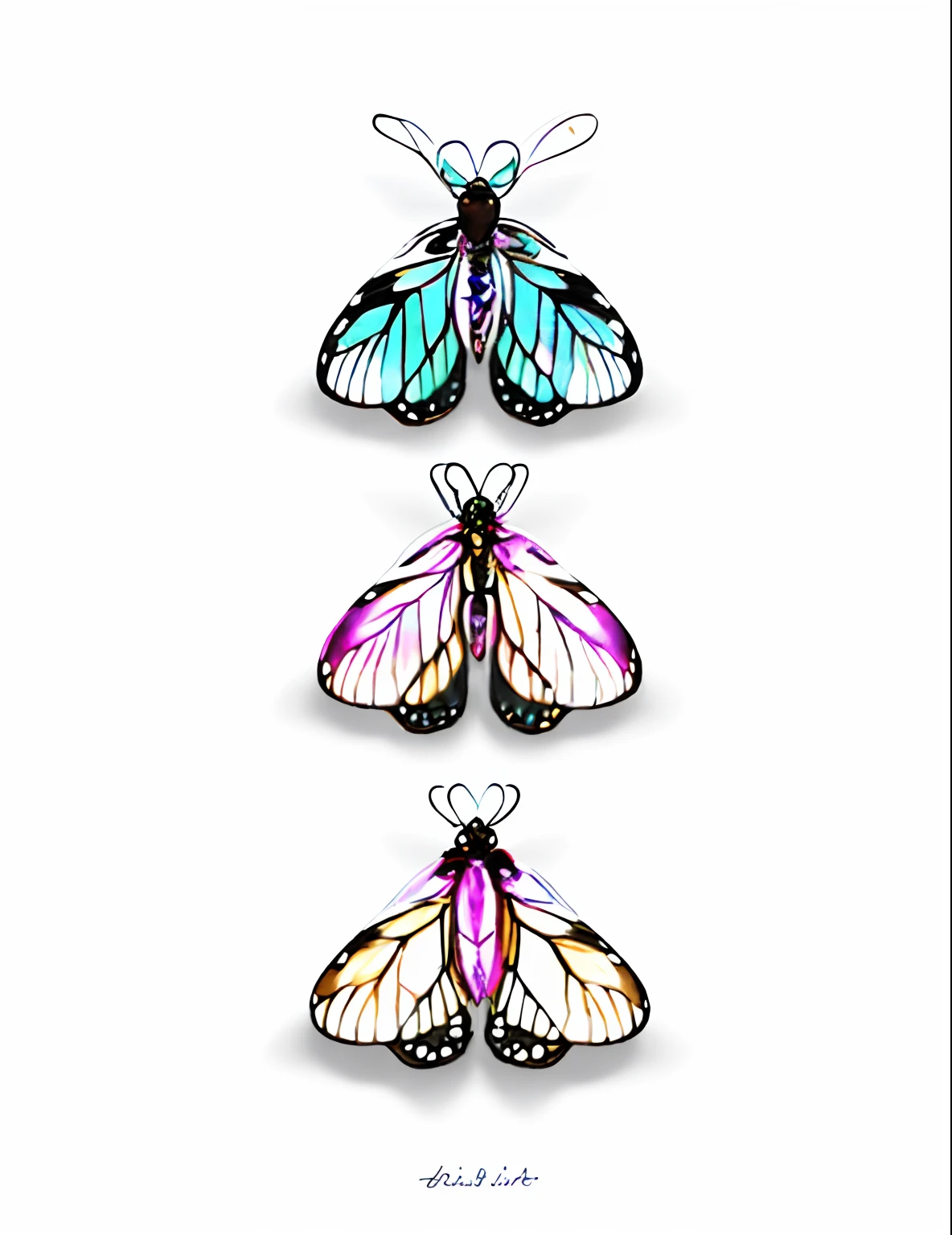 3 diffirent butterfly wings stay same line, ((white background with no shadow)), butterfly perfect line, white backgroud no picture, no color, no details, iridescent wings, 6 colors butterfly, transparent marble butterfly, smooth color wings, highly detailed, butterfly wings, hd illustration, detailed smooth colors, mechanical butterfly, iridescent moth wings, butterfly lighting. make it 3 butterflys same line, full HD 3 butterflys