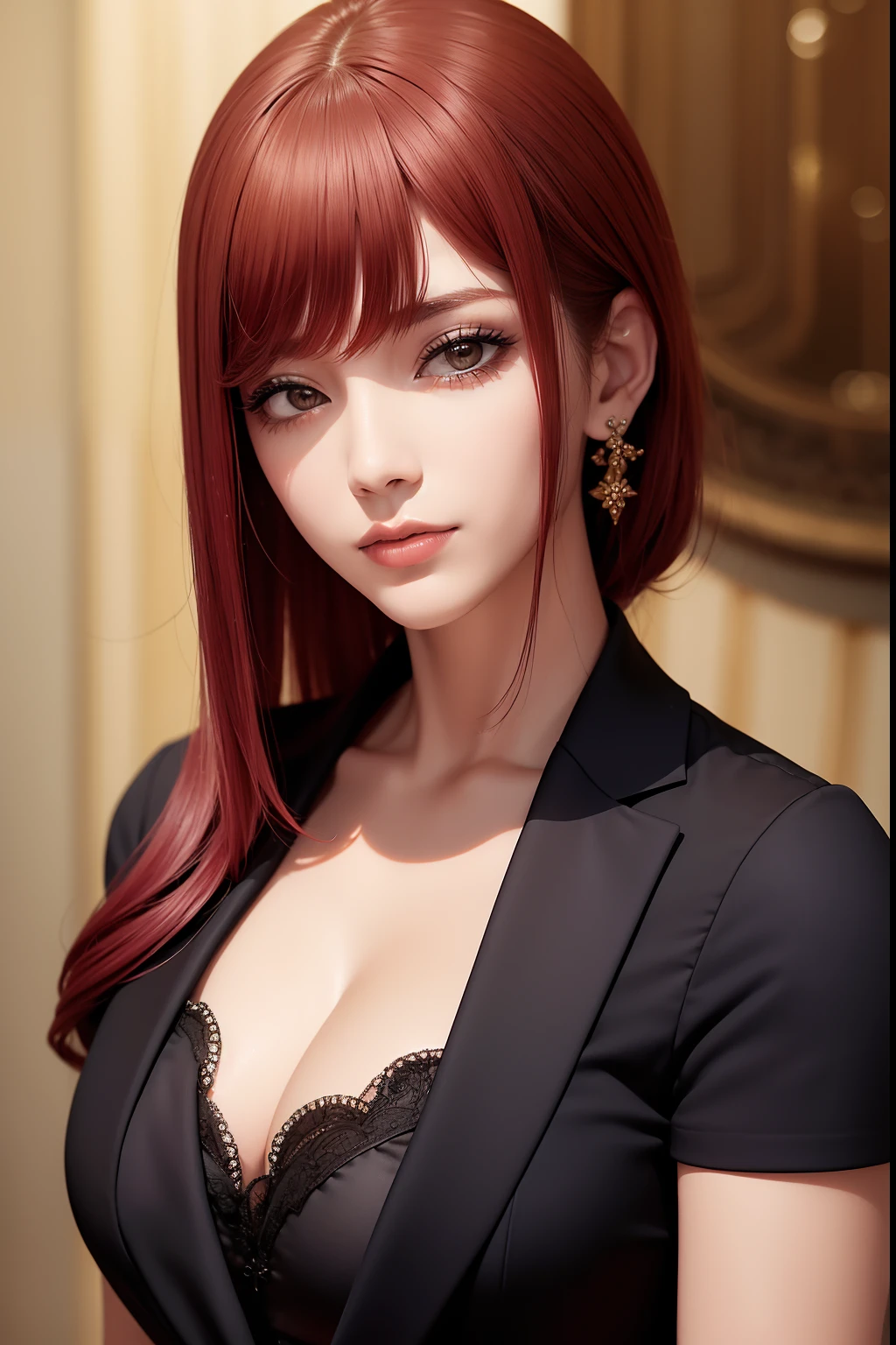 (obra-prima), (melhor qualidade), makima \ , woman, cabelo vermelho e preto, olhos amarelos, mafia