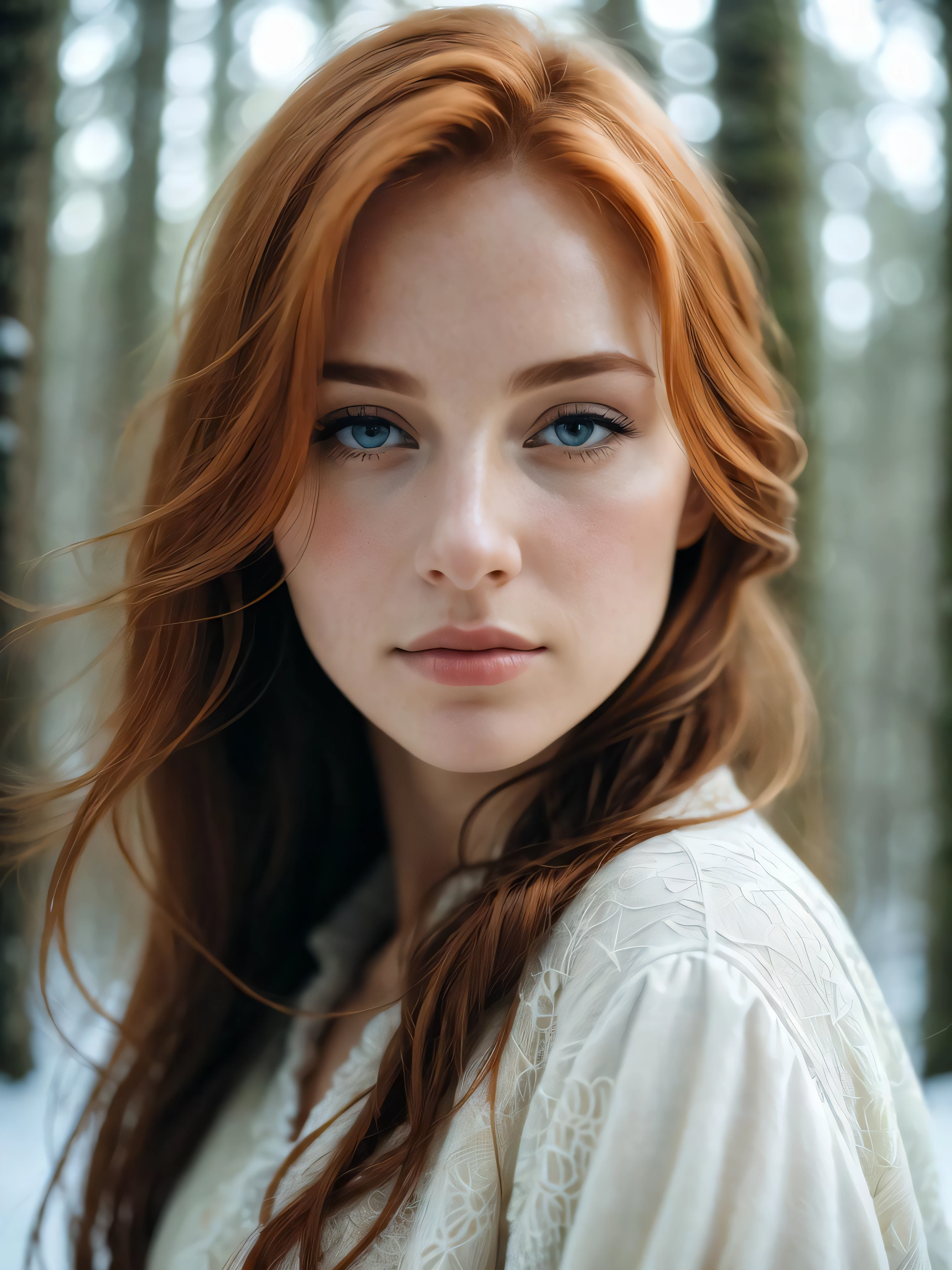 close up of a european woman, ginger hair, winter forest, natural skin texture, 24mm, 4k textures, soft cinematic light, RAW photo, photorealism, photorealistic, intricate, elegant, highly detailed, sharp focus, ((((cinematic look)))), soothing tones, insane details, intricate details, hyperdetailed, low contrast, soft cinematic light, dim colors, exposure blend, hdr, faded