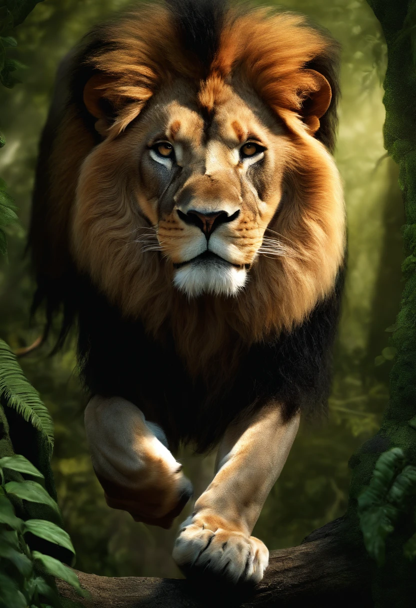 A close up of a lion walking through a lush green forest - SeaArt AI